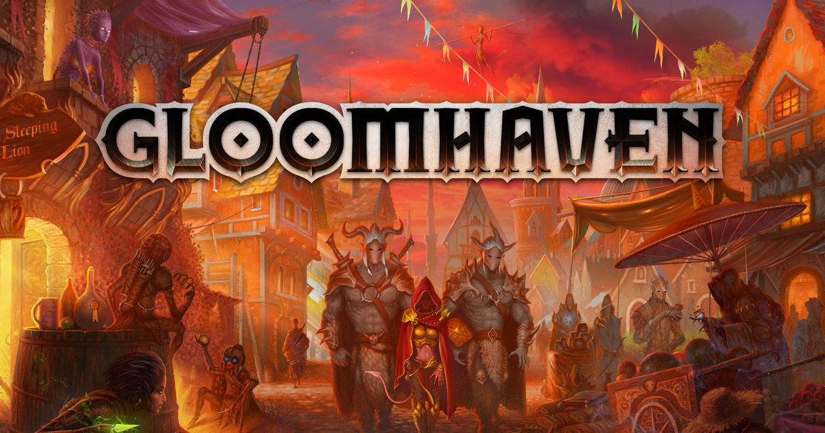 Box art for the board game Gloomhaven, showing armored adventurers standing at the gates of a dark stone city under a stormy sky