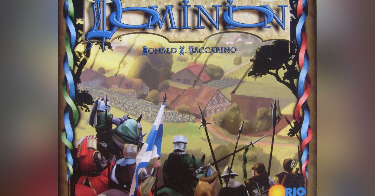 Box art for the base game Dominion, showing a medieval castle and marketplace scene with the title in ornate gold lettering