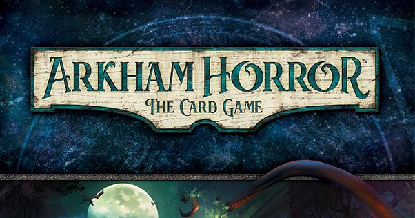 Box art for Arkham Horror: The Card Game, showing a stylized weathered wooden sign reading Arkham Horror The Card Game against a starry cosmic horror backdrop with a full moon