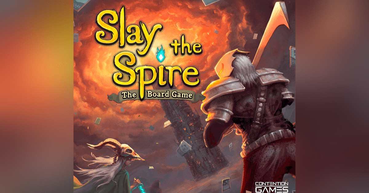 Box art for Slay the Spire: The Board Game, showing pixel-art-style adventurer characters climbing a fantastical tower against a purple sky