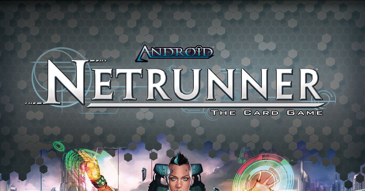 Box art for Android: Netrunner, showing a cyberpunk hacker silhouette against a neon-lit corporate skyline