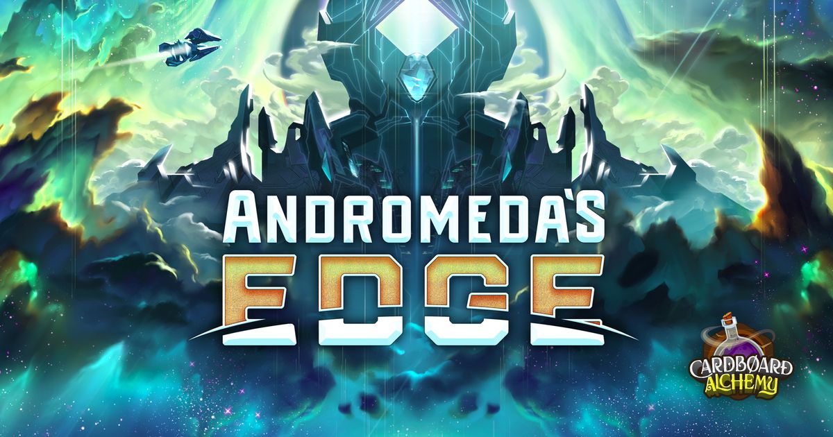 Box art for the board game Andromeda's Edge, showing colorful spaceships and space stations against a starfield with a swirling nebula