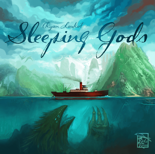 Box art for Sleeping Gods, showing a red steamship sailing past green misty mountains with a massive sea creature visible beneath the waves