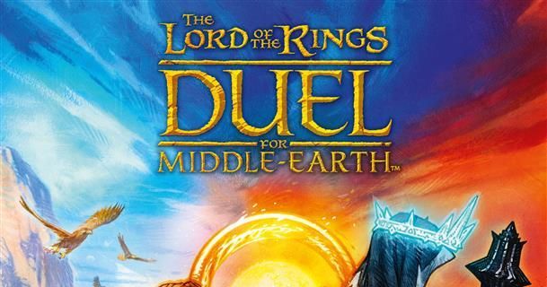 Box art for The Lord of the Rings: Duel for Middle-earth, showing a stylized map of Middle-earth with the One Ring and a shadowy Nazgul silhouette overlaid