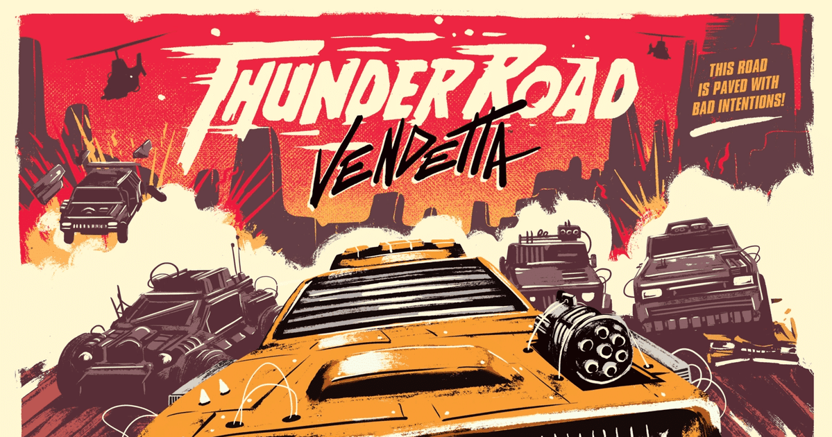 Box art for Thunder Road: Vendetta, showing armored post-apocalyptic vehicles racing across a desert wasteland with explosions in the background